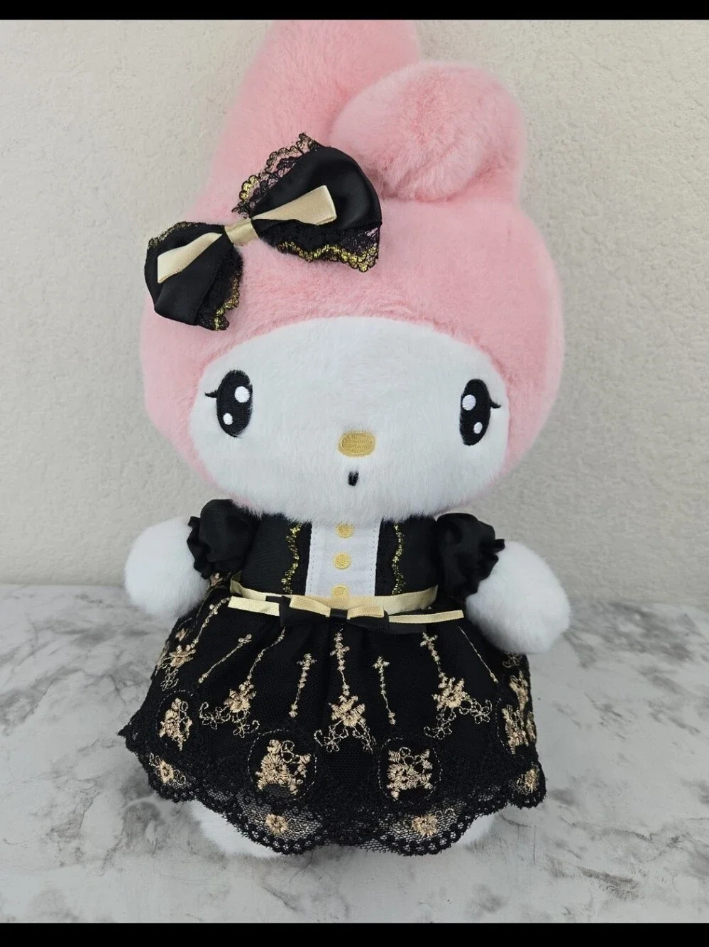 Sanrio My Melody Plush Doll in Pink with Black & Gold Dress